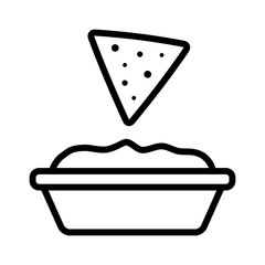 Tortilla chip or nachos tortillas with guacamole dip bowl line art icon for apps and websites
