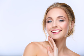Portrait of beautiful woman on white background