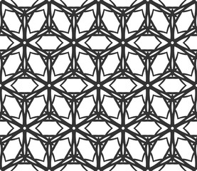 Fototapeta premium Monochrome geometric seamless pattern. Black and white ethnic, arabic, islam ornament. Modern repeat hexagonal tiles. Vector seamless pattern for wallpaper, fill, web page background, surface textures