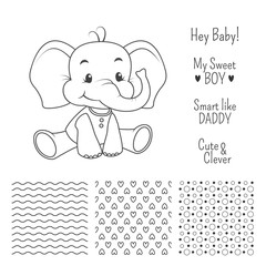 Baby elephant outline design set with seamless patterns