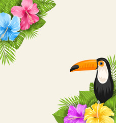 Nature Tropical Background with Toucan, Hibiscus Flowers and Palm Leaves © -=MadDog=-