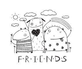 Adorable monsters friends outline black and white cartoon