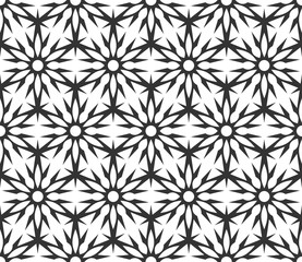 Fototapeta premium Monochrome geometric seamless pattern. Black and white ethnic, arabic, islam ornament. Modern repeat hexagonal tiles. Vector seamless pattern for wallpaper, fill, web page background, surface textures