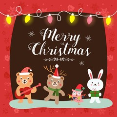 Fototapeta na wymiar Christmas card with cute cartoon animals 