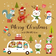 Set of cute cartoon Christmas characters. Vector illustration