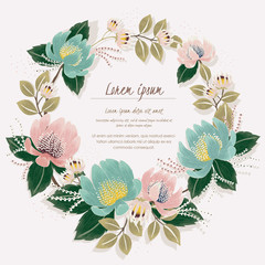 Vector illustration of a beautiful floral wreath with spring flowers. Light pink and mint flowers.