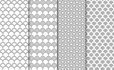 Collection of simple linear black and white geometric pattern textures. Set of 4 backgrounds. Seamless repeating chinese style texture set.