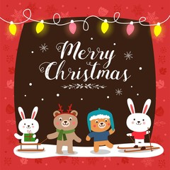 Fototapeta na wymiar Christmas card with cute cartoon animals
