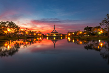 Twilight and reflection at Public Park in Bangkok Thailand Cityscape