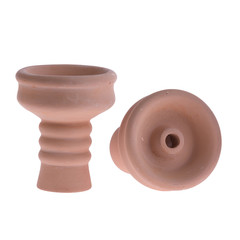 hookah bowl for tobacco shisha two ceramic bowls with curly legs, two beige clay vessels, light-brown figured pottery, one clay vessel stands and another lays next to it