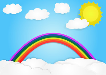 rainbow on cloud, vector, copy space for text, illustration, paper art and origami style, children book cover