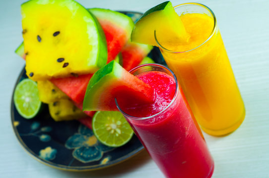 red and yellow watermelon juice is made from fresh watermelon fruit can be consumed as supporting diet program, it is very good for health