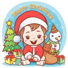 Vector Illustration of Cartoon Cute Baby Santa Merry Christmas concept