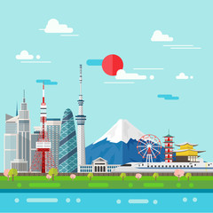 Flat illustration of Tokyo city in Japan.Japan landmarks Famous