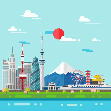 Flat illustration of Tokyo city in Japan.Japan landmarks Famous