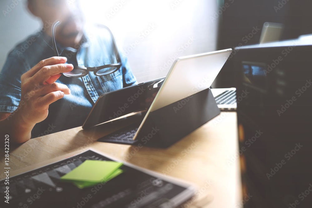 Aufkleber Website designer working digital tablet and computer laptop with