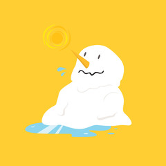 Snowman melting on yellow background