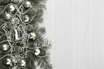Christmas background with silver ornaments, copy space, toned