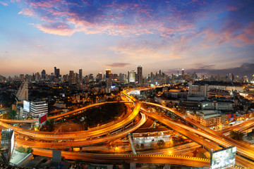 Fototapeta na wymiar Bangkok cityscape. Bangkok night view in the business district, Highway and main traffic in Bangkok, Bangkok Thailand