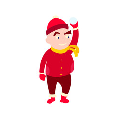 Little boy in winter clothes, cartoon style isolated on white background. coloring little kid in red hat and scarf in warm winter clothes with snow