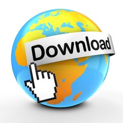 3d illustration of Earth globe over white background  with download text on white banner