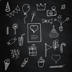 Set Happy Birthday signs and symbols on chalk board 