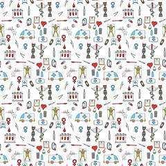 Seamless pattern color  medical symbols and signs hand drawn 