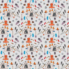 Seamless pattern color winter camping symbols, signs