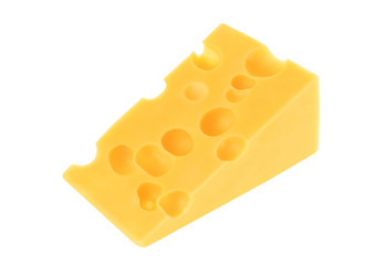 Triangle of Swiss cheese isolated on a white background.