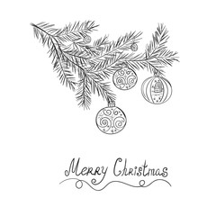 Christmas tree branch and toys, sketch, vector illustration