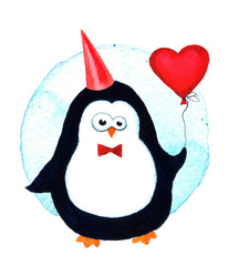 Cartoon penguin for babies and little kids. Watercolor illustration isolated on white background