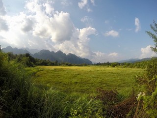 Grass field in Pha Hon Kham village, Vang Vieng, Laos