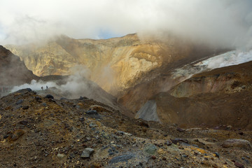 Climbing to active volcano Mutnovsky on Kamchatka.