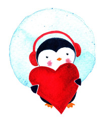 Greeting card cute cartoon Penguin with heart. Watercolor illustration isolated on white background