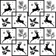 Seamless Christmas pattern. fir twigs, snowflakes ,deer, black on white background