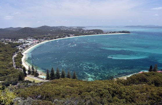 Shoal bay on a sunny day from Mount Tomaree Lookout (Central Coast, NSW, Australia)
