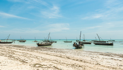 landscape with fishing boats on the shore, Zanzibar