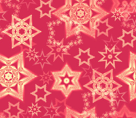 Seamless texture with snowflake fractal ornaments in red and pale gold glitter. Consists of many snowflakes of several shapes and sizes. Suitable as wrapping paper for Christmas or winter decor.