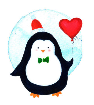 Cute of a penguin cartoon celebrating Christmas with balloon heart. Watercolor illustration isolated on white background