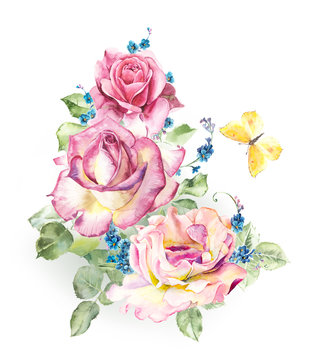  Pattern from pink rose. Wedding drawings. Watercolor painting. Greeting cards. Rose background, watercolor composition. Flower backdrop. 
