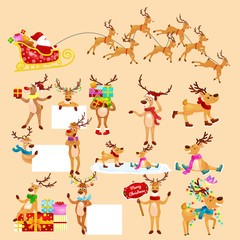 christmas set of deer with banner isolated, happy winter xmas holiday animal greeting card, santa helper reindeer vector illustration, Santa in his Christmas sled being pulled by reindeer