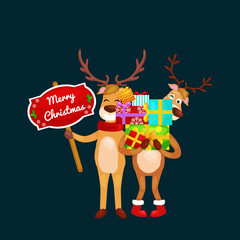 christmas set of deer with banner isolated, happy winter xmas holiday animal greeting card, santa helper reindeer vector illustration