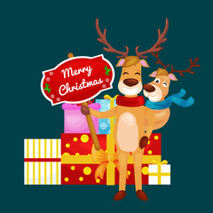 Naklejka premium christmas set of deer with banner isolated, happy winter xmas holiday animal greeting card, santa helper reindeer vector illustration