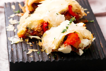 Roasted vegetables  strudel .selective focus.