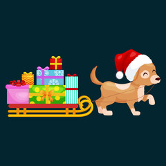 Happy Christmas dogs on stack of presents, xmas gifts for animals vector illustration