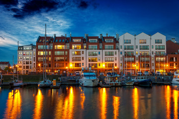 Fototapeta premium Marina at Motlawa river at night in Gdansk, Poland.
