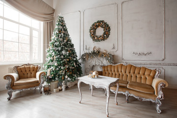 Calm image of interior Classic New Year Tree decorated in a room with fireplace