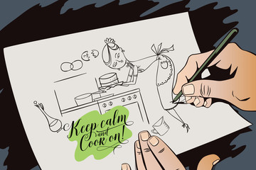 Obraz premium Woman in kitchen. Cooking. Hand paints picture.