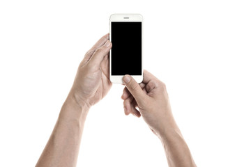 Two hands hold and touch screen(push home button),  a mobile phone(pad) isolated white © dohee