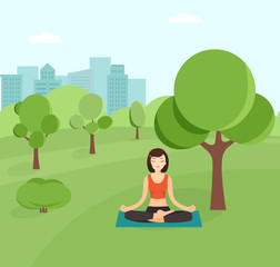 Obraz na płótnie Canvas Young girl doing yoga in the park. Woman relaxing in the park in the lotus position. Vector flat illustration.
